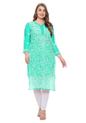 Lavangi Women Lucknow Chikankari Sea Green Georgette Kurti with Matching Cotton Inner Lavangi Women Lucknow Chikankari Sea Green Georgette Kurti with Matching Cotton Inner