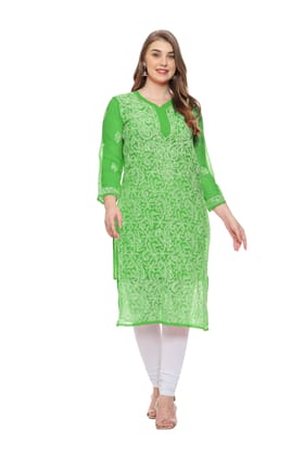 Lavangi Women Lucknow Chikankari Mehndi Green Georgette Kurti with Matching Cotton Inner Lavangi Women Lucknow Chikankari Mehndi Green Georgette Kurti with Matching Cotton Inner