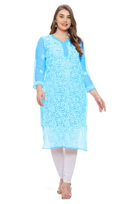 Lavangi Women Lucknow Chikankari Sky Blue Georgette Kurti with Matching Cotton Inner Lavangi Women Lucknow Chikankari Sky Blue Georgette Kurti with Matching Cotton Inner