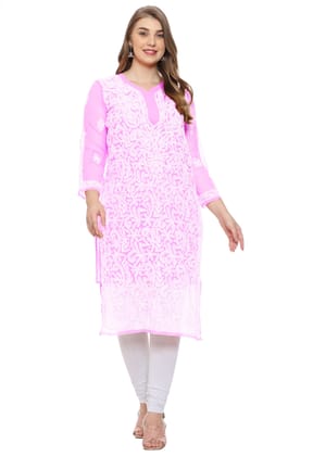 Lavangi Women Lucknow Chikankari Baby Pink Georgette Kurti with Matching Cotton Inner Lavangi Women Lucknow Chikankari Baby Pink Georgette Kurti with Matching Cotton Inner