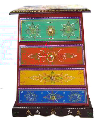 Wood To Cart® Round Handcrafted and 4 Drawer Hand-Painted Wooden Stool, Cum Side Table for Home/Office/Living and Bedroom Decor (Multicolor)