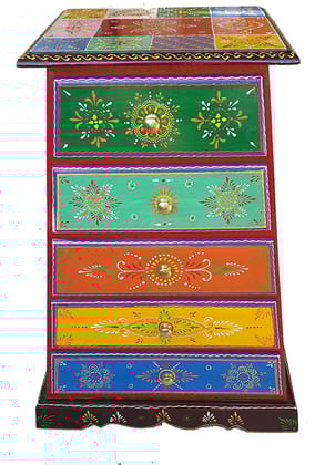Wood To Cart® Rajasthani Art Wooden Table with 5 Drawers/Pyramid Shape Handpainted Bed Side Table/Corner Table for Jewellery/Vanity for Living Room/Bedroom 28.5x20x12 inches Wood To Cart® Rajasthani Art Wooden Table with 5 Drawers/Pyramid Shape Handpainted Bed Side Table/Corner Table for Jewellery/Vanity for Living Room/Bedroom 28.5x20x12 inches