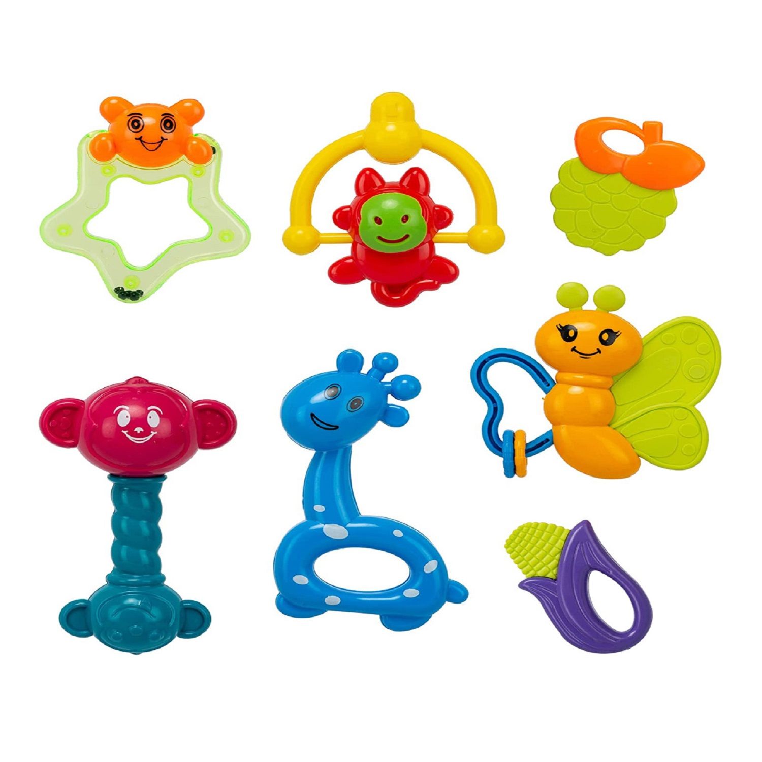 KTRS ENTERPRISE Colourful Plastic Non-Toxic Set of 7 pc Attractive Rattle for New Borns Rattles and Teether for Babies, Plush Rings, Toy for Babies, Early Age Toys (Baby Safari rattles)