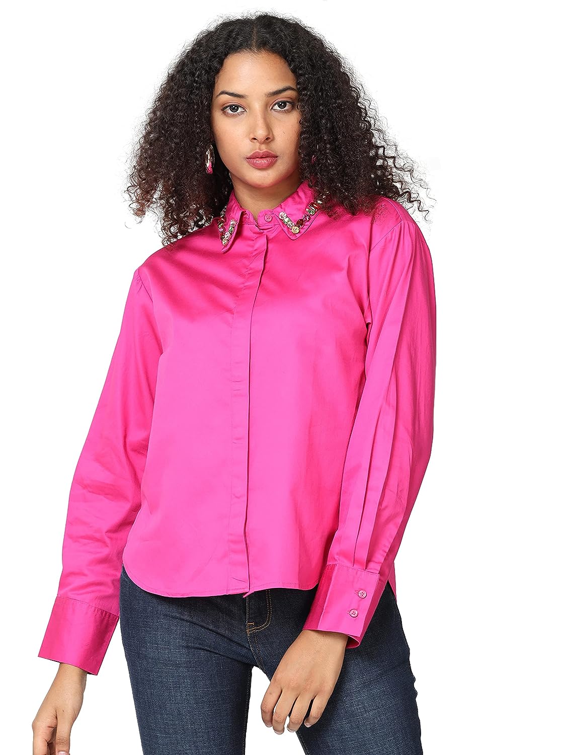 Glam & Chique Women’s 100% Cotton Casual Stylish Jewelled Collar Full Sleeve Shirt