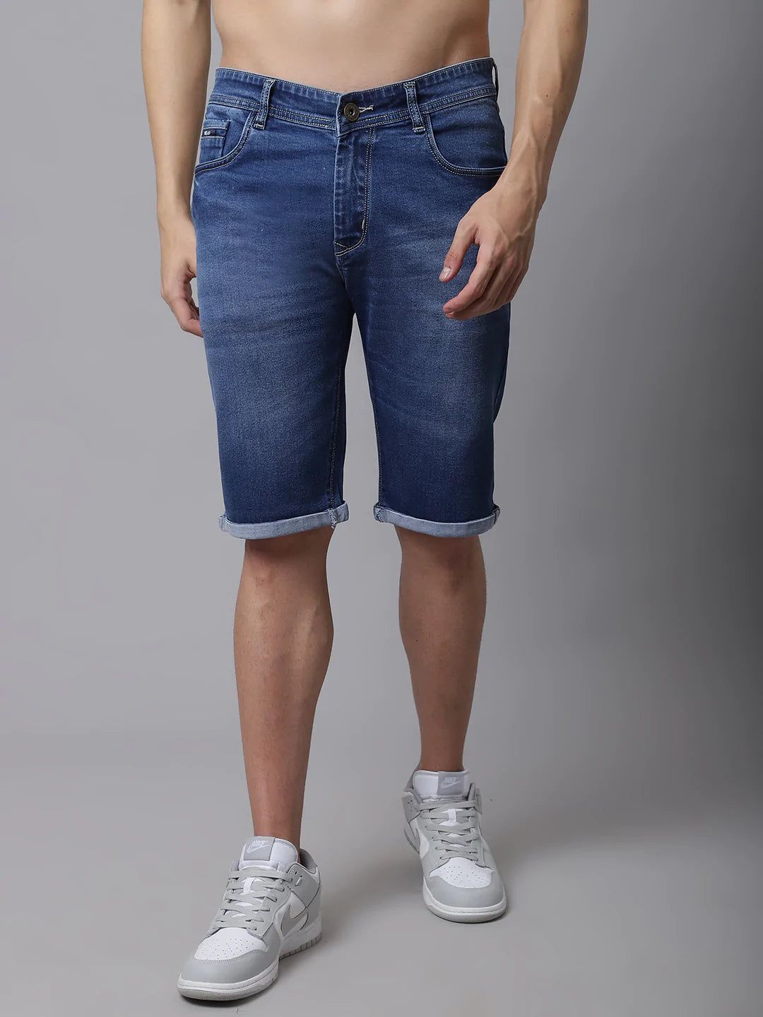 Rodamo  Men Blue Washed Slim Fit Cotton Denim Shorts