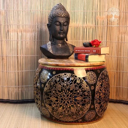 SHAMBHU HANDICRAFTS; IRON ROUND BLACK HAND PAINTED WOODEN TOP COFFEE TABLE/ HOME DECOR SHAMBHU HANDICRAFTS; IRON ROUND BLACK HAND PAINTED WOODEN TOP COFFEE TABLE/ HOME DECOR