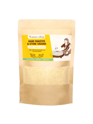 Natureship - Hand roasted and stone ground, Makai Sattu, 250 grams. Natureship - Hand roasted and stone ground, Makai Sattu, 250 grams.