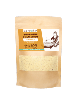Natureship - Hand roasted and stone ground, Chana Sattu, 500 grams. Natureship - Hand roasted and stone ground, Chana Sattu, 500 grams.