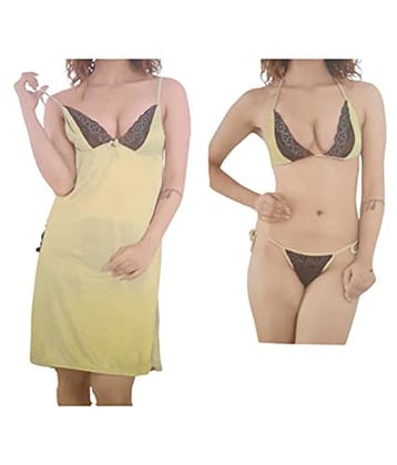 FooFaa Satin 3 Piece Nighty Night Dress Suit Nightdress Set - Babydoll/Bra/Thong Beige - Free Size