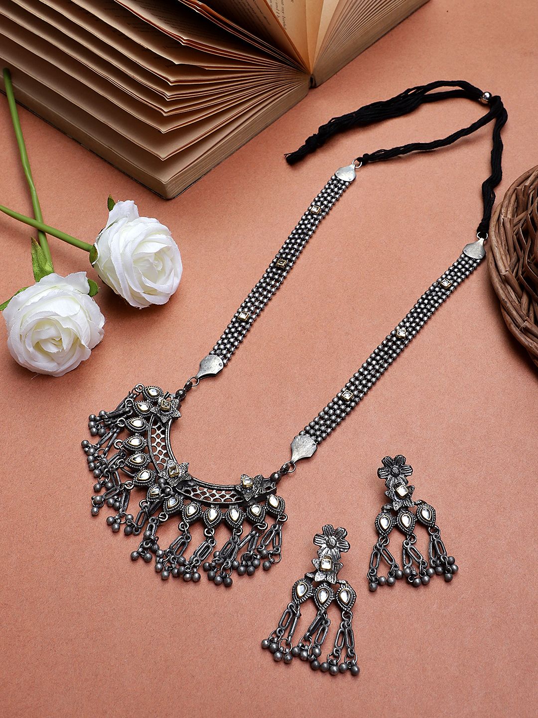 Cardinal  Oxidized Silver Color Kundan Long Necklace Set