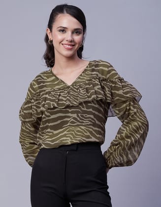 Moomaya Printed V-Neck Tops For Women, Ruffle Full Sleeve Sheer Summer Tunic Top