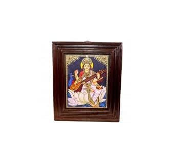 POOMPUHAR Handmade Wooden Tanjore Painting Saraswathi (15x12 inch without frame size, Gold) POOMPUHAR Handmade Wooden Tanjore Painting Saraswathi (15x12 inch without frame size, Gold)