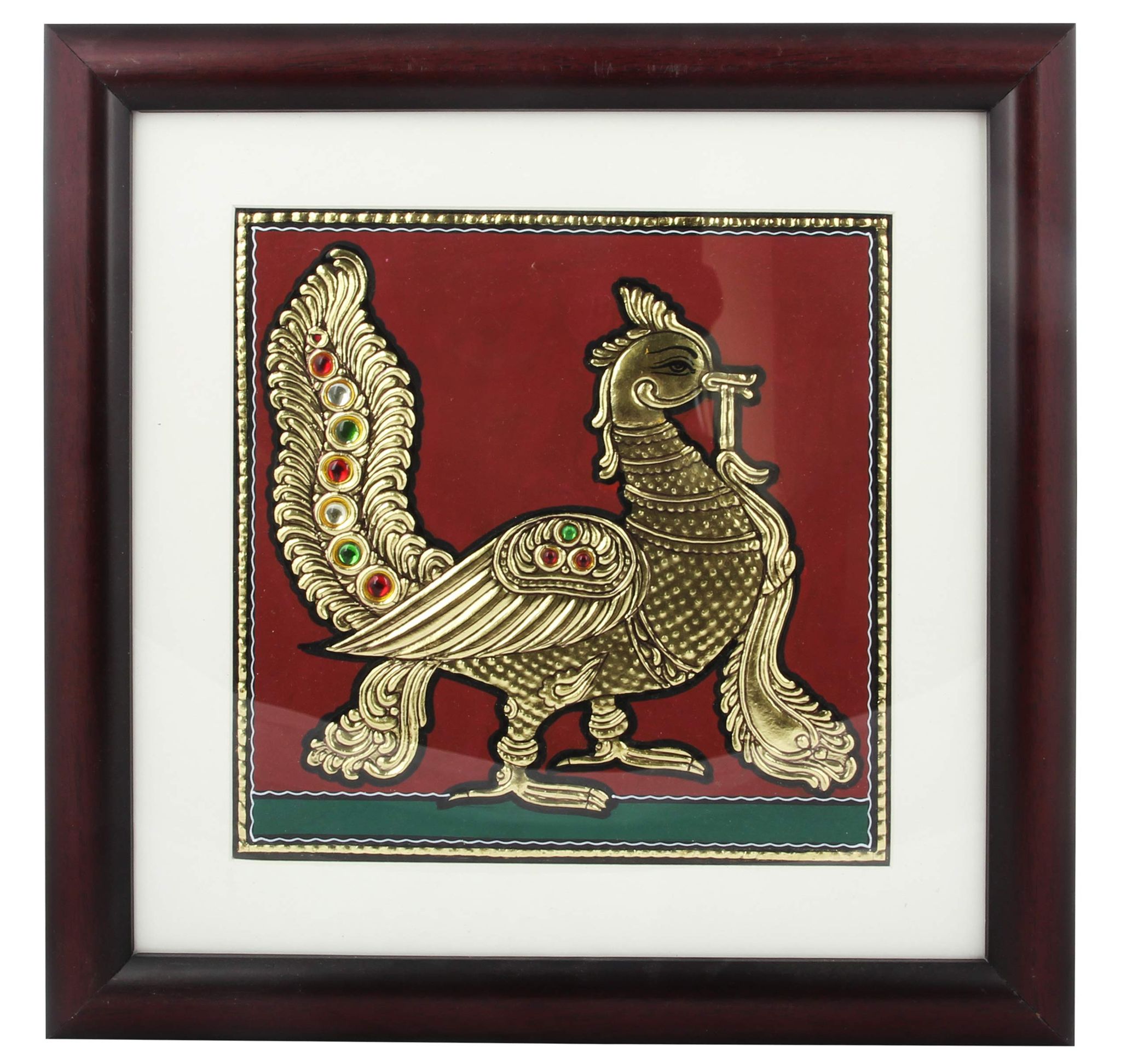 Poompuhar Peacock Tanjore Painting (Gold Foil Work, 12x12 inch), Multicolour )