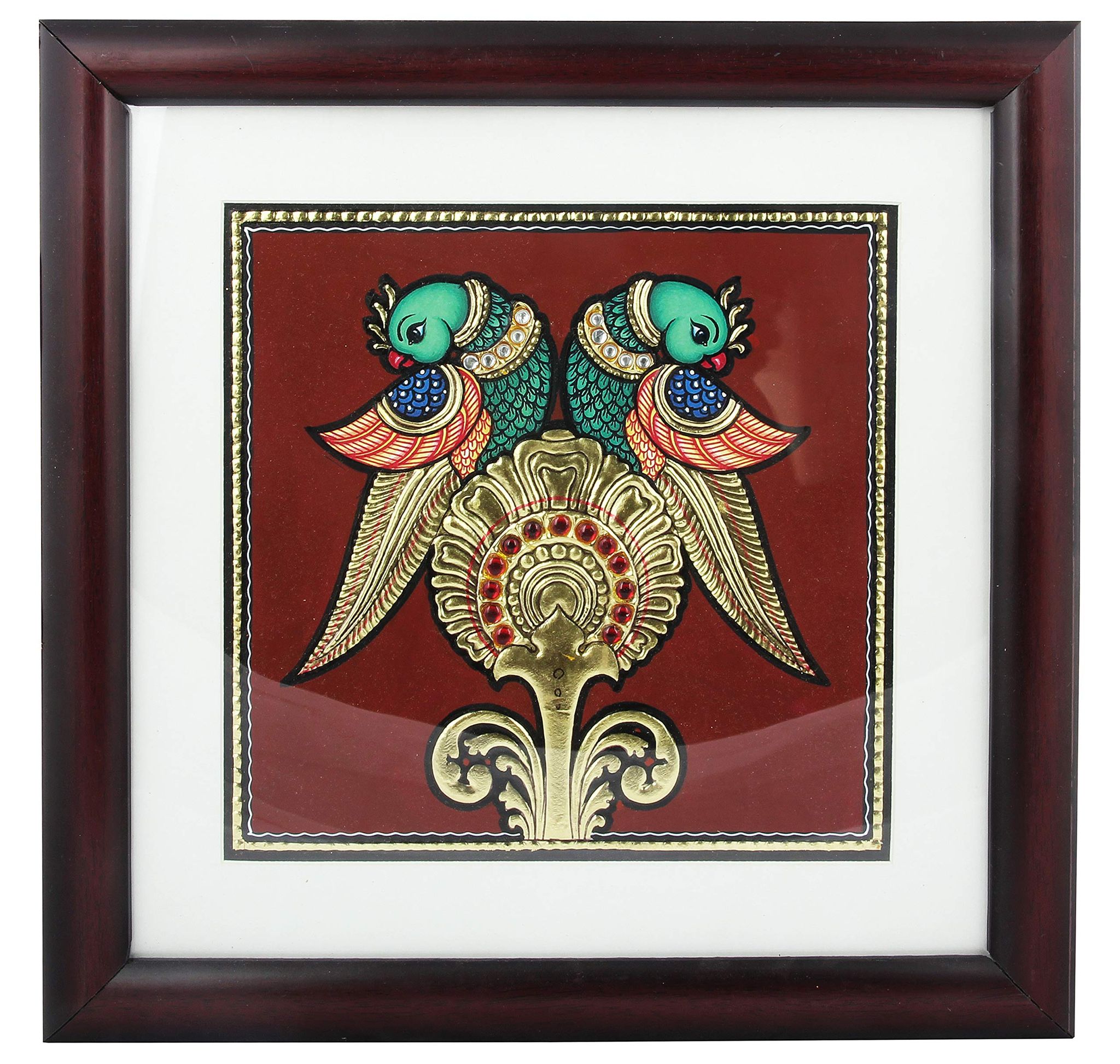 Poompuhar Double Parrot Gold Foil Work Tanjore Painting (THDC_098, Multicolour, 10 inch x 0.5 inch x 10 inch)