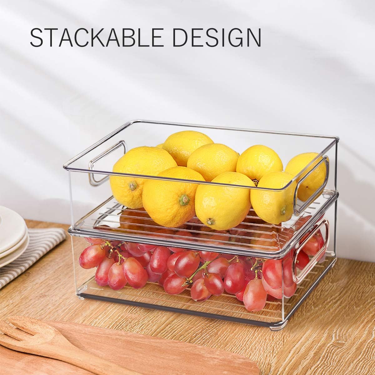 Organizer Bins, 6 Pack Clear Kitchen Organizer Container Bins with Handles and 20 PCS Free Plastic Bags for Pantry, Cabinets, Shelves, Drawer, Freezer -