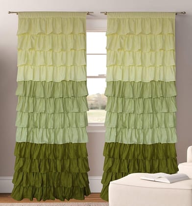 Dekor World Cotton Green Color Three in one Ultimate Ruffle Rod Curtain Set (Pack of 2)-110x150cm (4x5Feet) Window Curtain-for Bedroom and Living Room