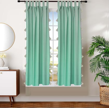 Dekor World 2 Piece Cotton Aqua Sheer Summer Fun Tassel Tab Top Curtain Set - 110x150cm (4x5 Feet) Window Curtain for Bedroom and Living Room