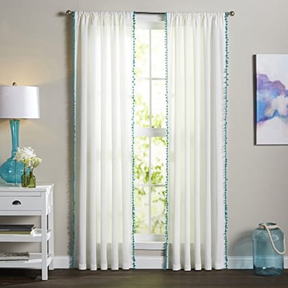 Dekor World Cotton Voile Fabric Aqua Pompom Lace Rod Pocket Curtain Set (Pack of 2) - 110x150cm (4x5Feet) Window Curtain