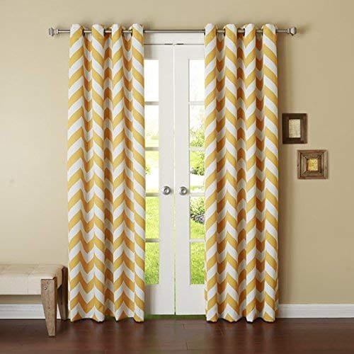 Dekor World Cotton Yellow Chavron Printed Eyelet Curtain Set (Pack of 2)-110X215Cm (4X7Feet) Door Curtain