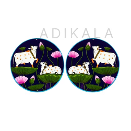 Dark Blue Pichwai Pair Cow With Lotus Mdf 6 IN | MDF Cutout Design for Diwali | Dussehra | Rangoli | Pooja | Festival Gift | Wedding Decorations | Wall Art | Wall Painting | Pichwai Cow Wall Painting | Hpme Wall Decoration- 6 Inches