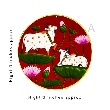 Red Pichwai Pair Cow With Lotus Mdf 6 IN | MDF Cutout Design for Diwali | Dussehra | Rangoli | Pooja | Festival Gift | Wedding Decorations | Wall Art | Wall Painting | Pichwai Cow Wall Painting | Hpme Wall Decoration-6 IN