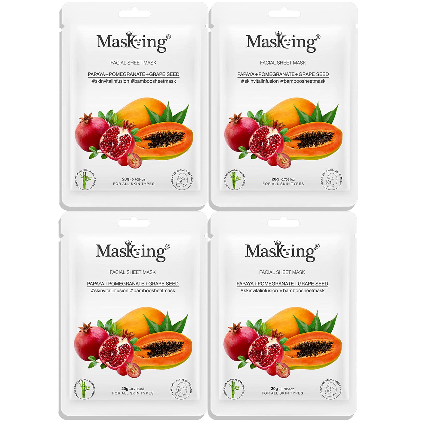 MasKing Bamboo Facial Sheet Mask of Papaya, Pomegranate & Grape Seed for Skin Vital Infusion Ideal for Women & Men, 20ml each (Pack of 4)