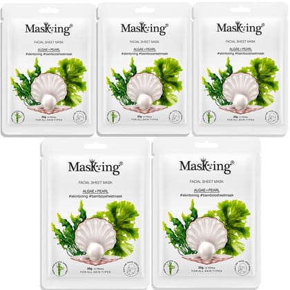 MasKing Bamboo Facial Sheet Mask of Algae & Pearl for Skin Toning Ideal for Women & Men, 20ml each (Pack of 5)