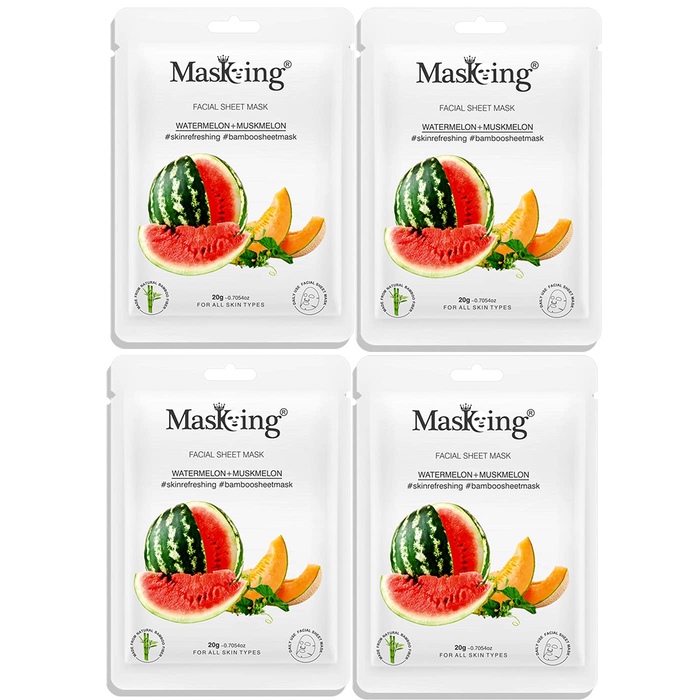 MasKing Bamboo Facial Sheet Mask of Watermelon & Muskmelon for Skin Refreshing Ideal for Women & Men, 20ml each (Pack of 4)