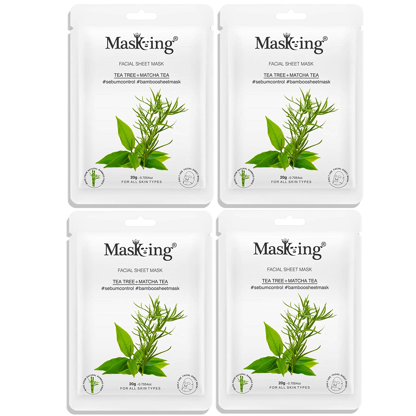 MasKing Bamboo Facial Sheet Mask of Tea Tree & Matcha Tea for Sebum Control Ideal for Women & Men, 20ml each (Pack of 4)