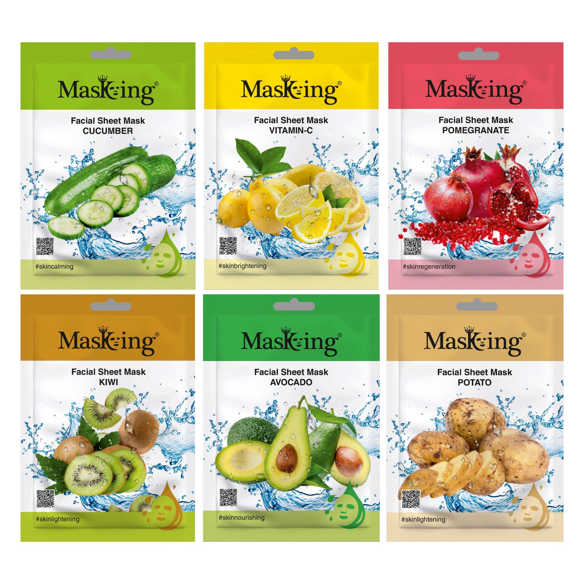 Masking facial sheet mask (Combo of 6 Pack) for Glowing, Oily, Nourishing, Brightening, Regeneration and Calming Face Sheet Mask with Real Extracts ideal for women & Men