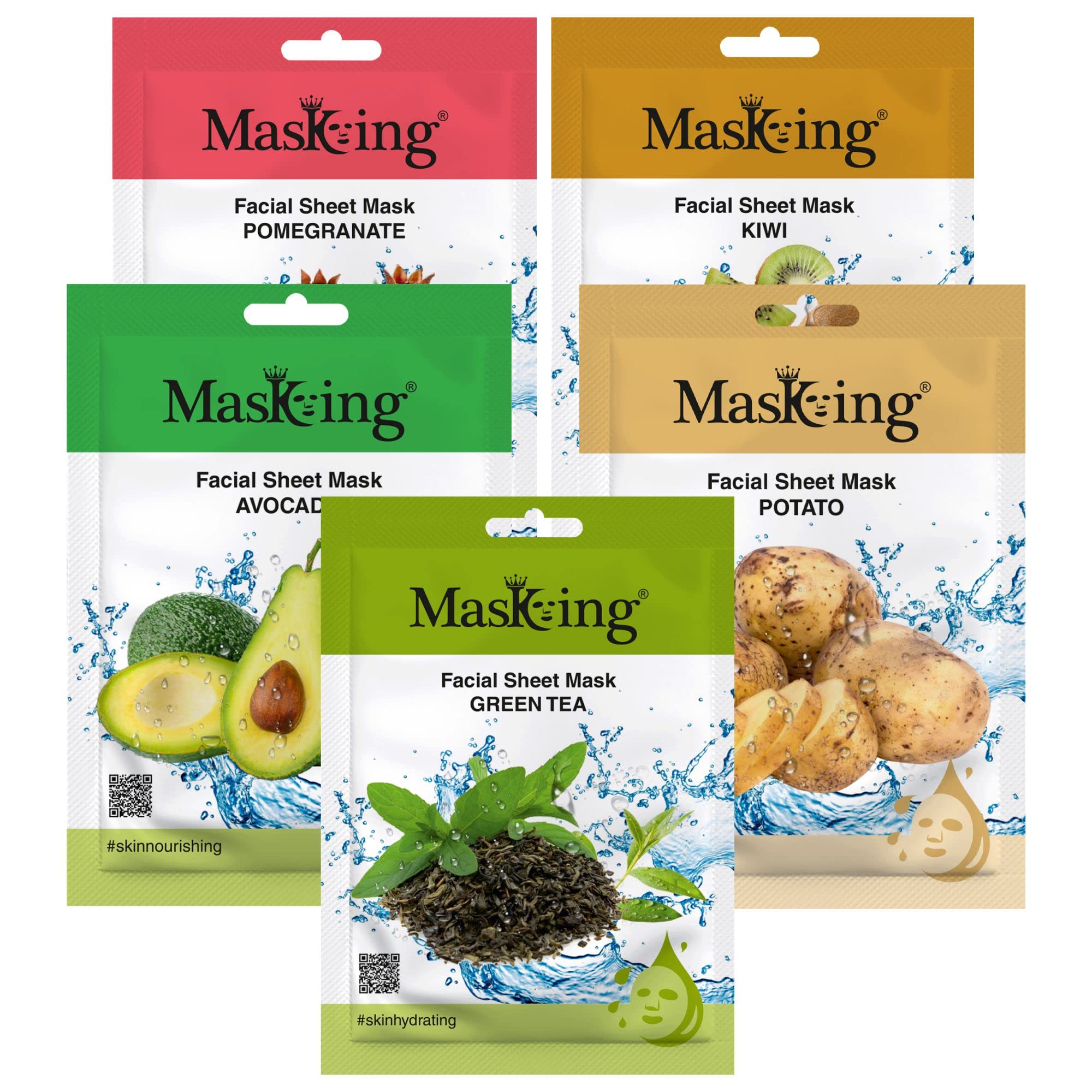 MasKing Beauty Facial Sheet Mask with Real Extract of Pomegranate, Kiwi, Avocado, Potato & Green Tea for Skin Regenerate, Lightening, Nourishing,Glowing & Hydrating for Women & Men, 100ml (Combo Of 5)