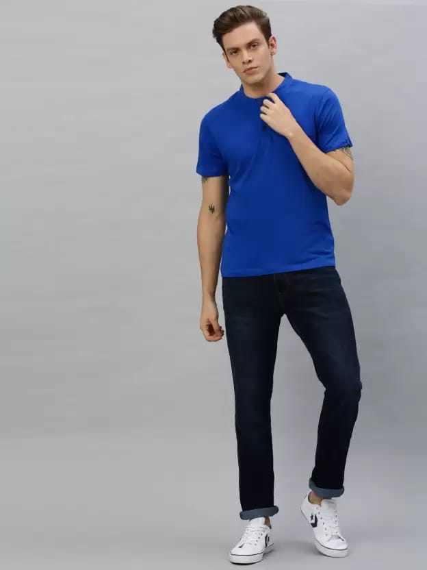 Men Solid Mandarin Collar Pure Cotton Blue T-Shirt
