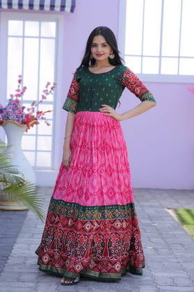 Pink Dola Silk Patola Foil Print Designer Gown
