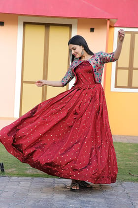 Women's Premium Designer Readymade KOTI Style Slik with JECUARD Weaving Work Gown Collections (Red)