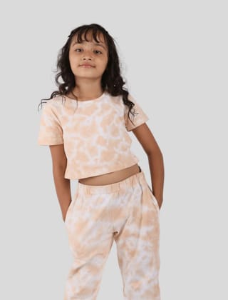 Girls Kids Co-ord Set Tie-Dye Jogger Pant with Crop Top For Summer Wear (Beige)