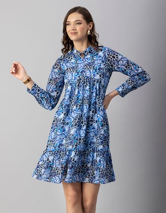 Moomaya Women's Solid Cuffed Sleeves Dress, Mandarin Collar Mini Dress