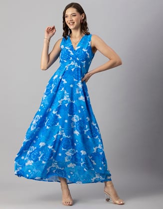 Moomaya Women's Printed Sleeveless Maxi Dress, V-Neck Party wear, Flared Resort Dress