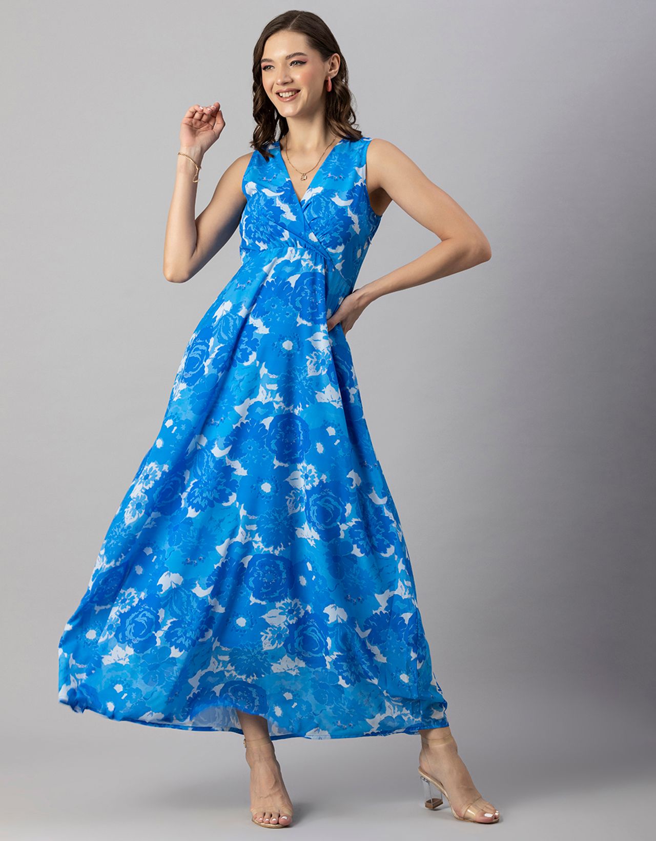 Moomaya Women's Printed Sleeveless Maxi Dress, V-Neck Party wear, Flared Resort Dress
