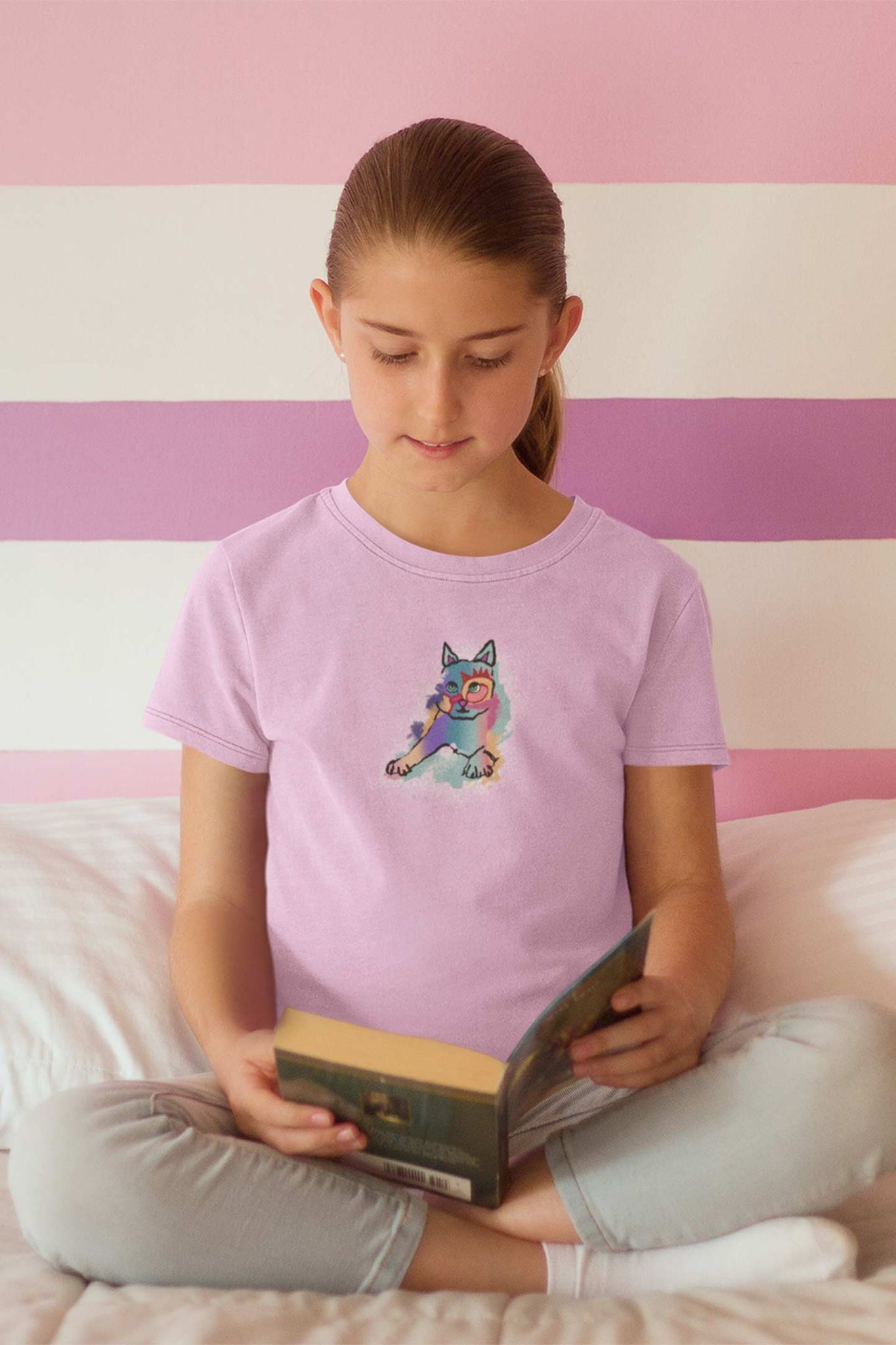 Round Neck T-Shirt (Kids) - Russian Blue Sparkle Cat (17 Colours)
