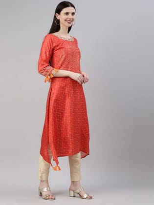 Women Bandhani Pure Silk Straight Kurta  (Orange)