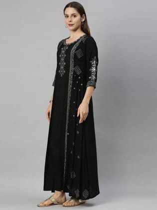 Women Printed Satin A-line Kurta  (Black)