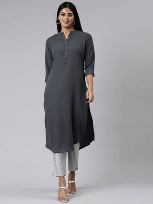 Women Solid Viscose Rayon Straight Kurta  (Grey)