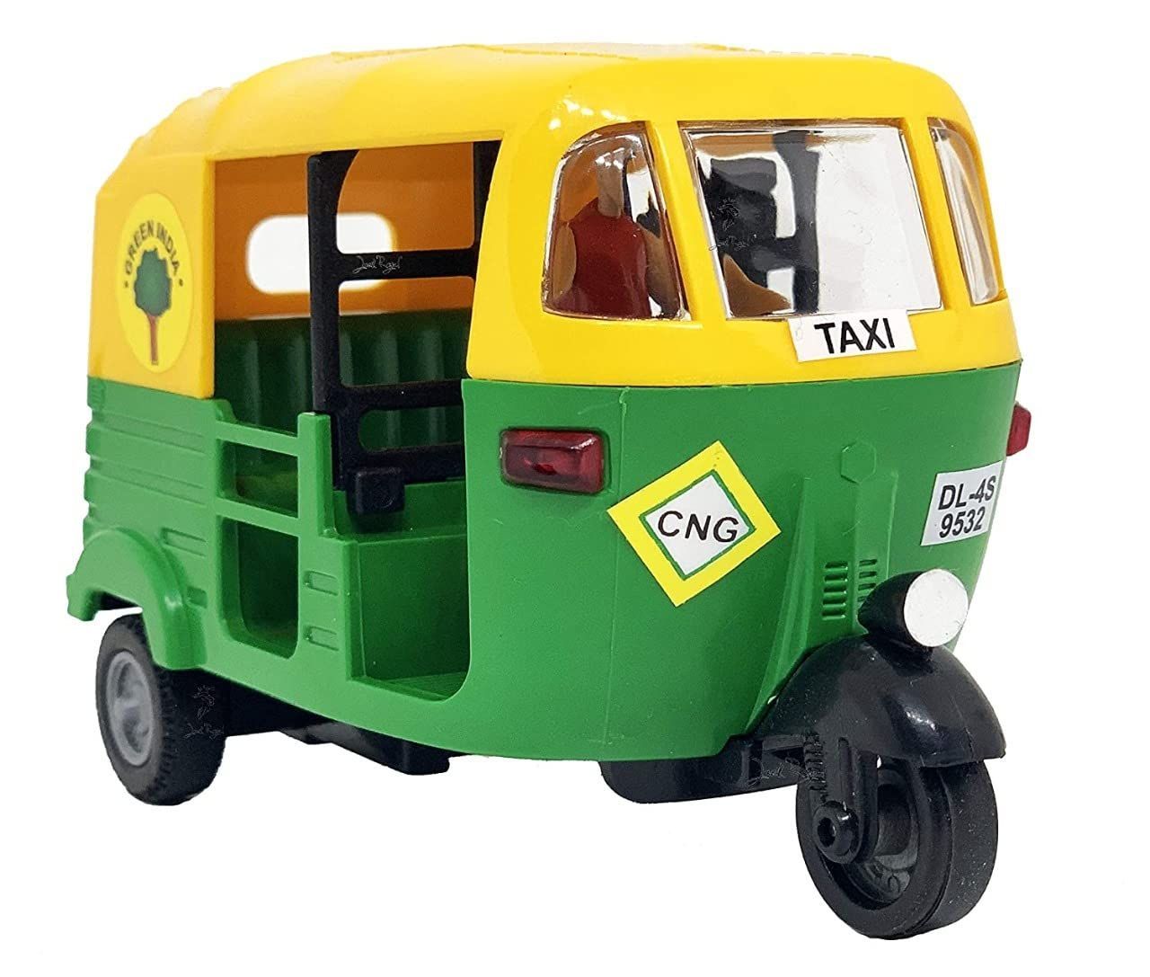 Pull Back Plastic Auto Rickshaw Toy with Driver Perfect for Kids Fun (Pack of 1, Multicolor)