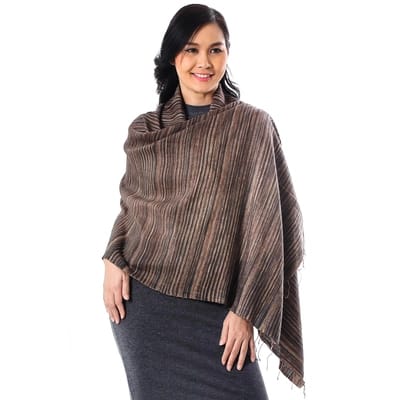 Striped Silk and Cotton Blend Shawl in Brown Striped Silk and Cotton Blend Shawl in Brown