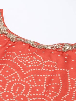 Women Bandhani Pure Silk Straight Kurta  (Orange)