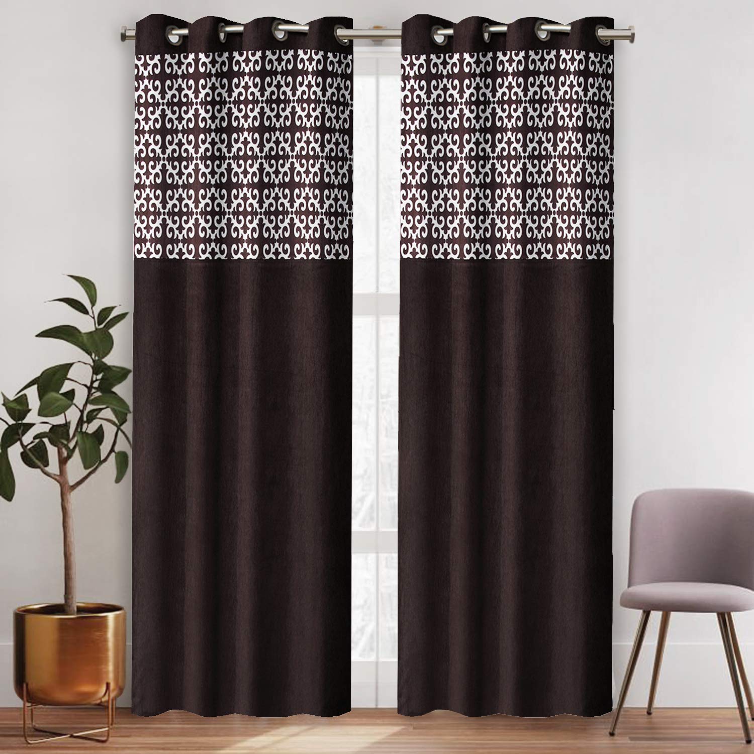 Solimo Allegro Polyester Curtain, Door, 7 Feet (2.13 m), Brown, Pack of 2