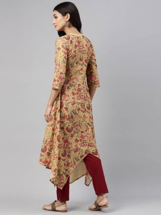 Women Floral Print Cotton Blend Asymmetric Kurta  (Yellow)