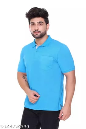 Men Solid Collar Pure Cotton  T-Shirt (Sky Blue)