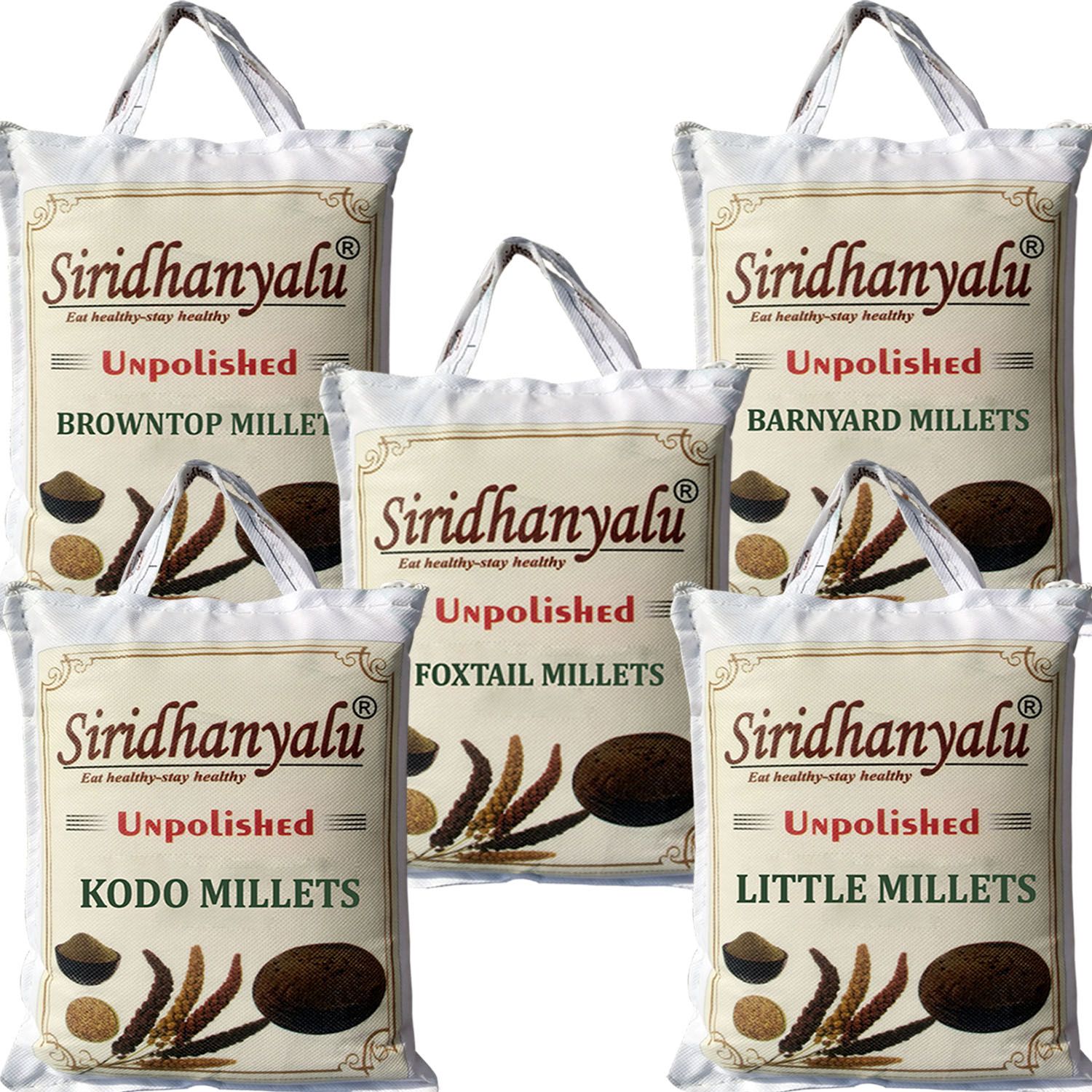 Unpolished Millet Rice Siridhanya 5 Types of Organic Millets Little Kodo Foxtail Browntop & Barnyard (Gwt. 1.5 Kg to 5Kg)