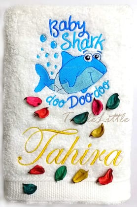 TurtleLittle, Cotton, Baby Shark Personalised Embroidered Kids Bath Towel, 500 GSM (Set of 1, White) TurtleLittle, Cotton, Baby Shark Personalised Embroidered Kids Bath Towel, 500 GSM (Set of 1, White)